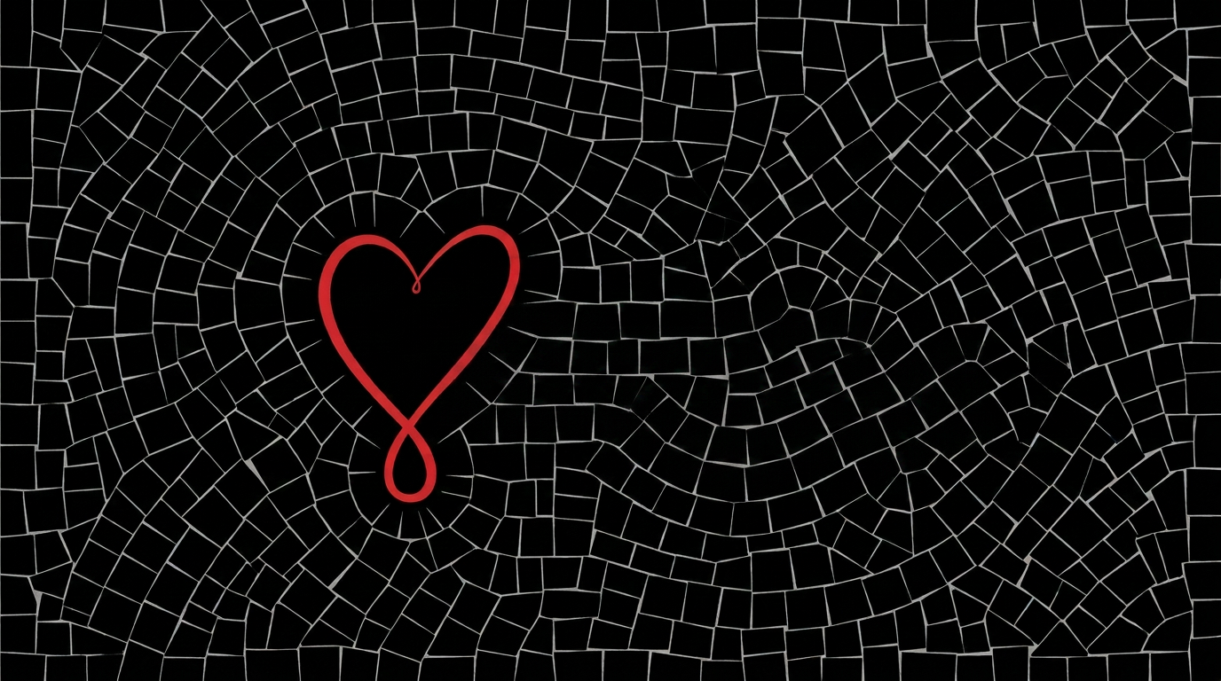 Mosaic — a heart-shaped M set against a field of hand-arranged black mosaic tiles